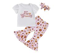 Xeadoffubio Toddler Baby Girl Birthday Outfit Baby Girl Groovy One/Two Short Sleeve Romper Flower Flare Pants Headband Set Infant Toddler Boho Outfits (Flower, 18-24 Months)