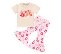Xeadoffubio Toddler Baby Girl Birthday Outfit Baby Girl Groovy One/Two Short Sleeve Romper Flower Flare Pants Headband Set Infant Toddler Boho Outfits (Khaki, 2-3 Years)