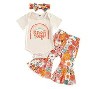 Xeadoffubio Toddler Baby Girl Birthday Outfit Baby Girl Groovy One/Two Short Sleeve Romper Flower Flare Pants Headband Set Infant Toddler Boho Outfits (Apricot1, 6-12 Months)