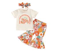 Xeadoffubio Toddler Baby Girl Birthday Outfit Baby Girl Groovy One/Two Short Sleeve Romper Flower Flare Pants Headband Set Infant Toddler Boho Outfits (Apricot2, 18-24 Months)