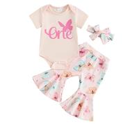 Xeadoffubio Toddler Baby Girl Birthday Outfit Baby Girl Groovy One/Two Short Sleeve Romper Flower Flare Pants Headband Set Infant Toddler Boho Outfits (Pink, 12-18 Months)
