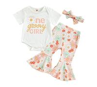 Xeadoffubio Toddler Baby Girl Birthday Outfit Groovy Toddler Baby Girl Outfit 1-5T Groovy Romper Shirts Flower Bell Bottoms Headband Birthday Clothes Groovy Print Romper Shirts (PinkA, 18-24 Months)