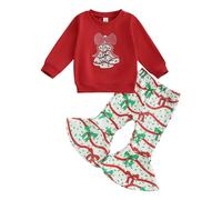 Xeadoffubio Toddler Baby Girl Christmas Outfit Holly Jolly/Merry Bright Embroidery Christmas Sweatshirt Crewneck Xmas Sweatshirt Flared Pants Fall Clothes (Red White, 4-5T)