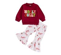 Xeadoffubio Toddler Baby Girl Christmas Outfit Holly Jolly/Merry Bright Embroidery Christmas Sweatshirt Crewneck Xmas Sweatshirt Flared Pants Fall Clothes (Red, 3-4T)