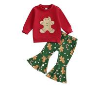 Xeadoffubio Toddler Baby Girl Christmas Outfit Holly Jolly/Merry Bright Embroidery Christmas Sweatshirt Crewneck Xmas Sweatshirt Flared Pants Fall Clothes (Red Green, 12-18 Months)