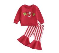 Xeadoffubio Toddler Baby Girl Christmas Outfit Holly Jolly/Merry Bright Embroidery Christmas Sweatshirt Crewneck Xmas Sweatshirt Flared Pants Fall Clothes (Magenta, 12-18 Months)