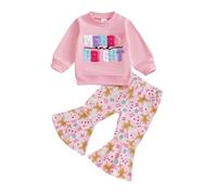 Xeadoffubio Toddler Baby Girl Christmas Outfit Holly Jolly/Merry Bright Embroidery Christmas Sweatshirt Crewneck Xmas Sweatshirt Flared Pants Fall Clothes (Pink, 12-18 Months)