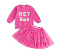 Xeadoffubio Toddler Baby Girl Halloween Outfit Hey Boo Letter Embroidered Sweatshirt Long Sleeve Ghost/Black Cat Embroidery Top With Tutu Skirts Mesh Halloween Skirt Set (Pink, 4-5T)
