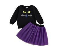 Xeadoffubio Toddler Baby Girl Halloween Outfit Hey Boo Letter Embroidered Sweatshirt Long Sleeve Ghost/Black Cat Embroidery Top With Tutu Skirts Mesh Halloween Skirt Set (Black, 2-3T)