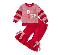 Xeadoffubio Toddler Baby Girl Valentines Day Outfit Valentine Crewneck Sweatshirt Flared Pants 2Pcs Clothes Set Heart Print Tops + Long Loose Bell-Bottomed Pants (Red Mine, 4-5T)