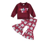 Xeadoffubio Toddler Girl Christmas Outfits Buttons Ric-Rac Crew Neck Long Sleeve Tops and Flare Pants 2Pcs Clothes Set (Dark Red, 3-4T)