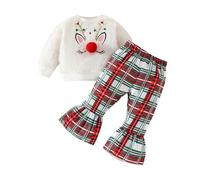 Xeadoffubio Toddler Girl Christmas Outfits Buttons Ric-Rac Crew Neck Long Sleeve Tops and Flare Pants 2Pcs Clothes Set (White Red, 2-3T)