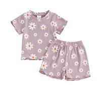 Xeadoffubio Toddler Girl Summer Outfit Flower Print Crewneck Ribbed Ruffled Short Sleeve T-Shirts Daisy Tops And Shorts 2Pcs Baby Girl Bloom Flower Set (PurpleC, 2-3 Years)