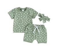 Xeadoffubio Toddler Girl Summer Outfit Flower Print Crewneck Ribbed Ruffled Short Sleeve T-Shirts Daisy Tops And Shorts 2Pcs Baby Girl Bloom Flower Set (GreenF, 2-3 Years)