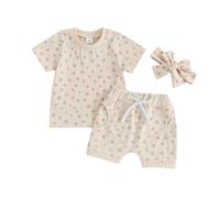 Xeadoffubio Toddler Girl Summer Outfit Flower Print Crewneck Ribbed Ruffled Short Sleeve T-Shirts Daisy Tops And Shorts 2Pcs Baby Girl Bloom Flower Set (KhakiF, 0-6 Months)