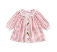 Xeadoffubio Toddler Little Girl Easter Dress Plaid Bunny Bow Embroidered Long Sleeve Smocked Doll Collar A-line Dresses for Spring Fall (Light Pink, 2-3 Years)