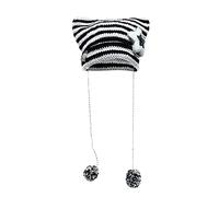 Xeadoffubio Women Cat Ear Beanie Striped Knitted Crochet Hats Y2K Beanies with Ears Goth Grunge Accessories Slouchy Cat Beanies Cat Ear Hat Grunge Goth Beanies Crochet Beanie (Black White, One Size)