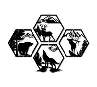 Xedatric Rustic Wall Decor with Black Forest Theme: Four-Piece Metal Animal Set Comprising Bear, Deer, Wolf and Moose for a Captivating Forest and Cabin Decor