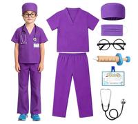 XEERUN 8PCS Doctor Costume Set for Kids, Doctors Outfit Set, Toddler Nurse Scrubs with Syringe, Stethoscope, Glasse Frame, Face Mask, ID Card for Boys Girls Role Play Halloween Dress Up Cosplay