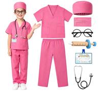 XEERUN 8PCS Doctor Costume Set for Kids, Doctors Outfit Set, Toddler Nurse Scrubs with Syringe, Stethoscope, Glasse Frame, Face Mask, ID Card for Boys Girls Role Play Halloween Dress Up Cosplay