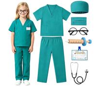 XEERUN 8PCS Doctor Costume Set for Kids, Doctors Outfit Set, Toddler Nurse Scrubs with Syringe, Stethoscope, Glasse Frame, Face Mask, ID Card for Boys Girls Role Play Halloween Dress Up Cosplay