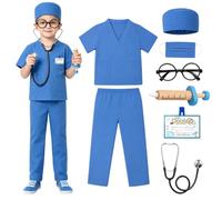 XEERUN 8PCS Doctor Costume Set for Kids, Doctors Outfit Set, Toddler Nurse Scrubs with Syringe, Stethoscope, Glasse Frame, Face Mask, ID Card for Boys Girls Role Play Halloween Dress Up Cosplay