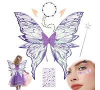 XEERUN Fairy Wings for Girls Women, Butterfly Wings for Adults, Butterfly Elf Dress up Set, Fairy Wand Crown Ears for Halloween Costume, Bride Flower Boy Accessories, Dress Up Cosplay Party (Purple)