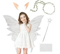 XEERUN Fairy Wings for Girls Women, Butterfly Wings for Adults, Butterfly Elf Dress up Set, Fairy Wand Crown Ears for Halloween Costume, Bride Flower Boy Accessories, Dress Up Cosplay Party (Silver)