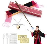 XEERUN Hermione Granger Wand, USB Charging Glow Magic Wand, 38CM Light Up Wand, Hand Carved Wands with Gift Box, Spell Card, Station Ticket, Necklace for Halloween, Christmas