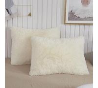 XeGe 2 Pack Fluffy Faux Fur Pillowcases, Soft Plush Shaggy Cream Standard Size Pillow Cases Set of 2, Fuzzy Furry Decorative Ivory Long Pillow Covers for Bed Couch Sofa, Zipper Closure, 50x75cm, Beige