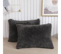 XeGe 2 Pack Fluffy Faux Fur Pillowcases, Soft Plush Shaggy Gray Standard Size Pillow Cases Set of 2, Fuzzy Furry Decorative Long Pillow Covers for Bed Couch Sofa, Zipper Closure, 50x75cm, Dark Grey