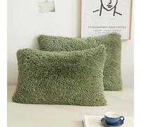 XeGe 2 Pack Fluffy Faux Fur Pillowcases, Soft Plush Shaggy Moss Green Standard Size Pillow Cases, Fuzzy Furry Decorative Long Pillow Covers for Bed Couch Sofa with Zipper Closure, 50x75cm, Sage Green