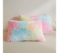XeGe 2 Pack Fluffy Faux Fur Pillowcases, Soft Plush Shaggy Tie Dye Standard Size Pillow Cases Set of 2, Fuzzy Furry Decorative Long Pillow Covers for Bed Couch Sofa, Zipper Closure, 50x75cm, Rainbow