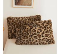 XeGe Cheetah Print Faux Fur Fluffy Pillowcases, Plush Shaggy Soft Long Pillow Covers, Fuzzy Decorative Pillow Cases, Furry Pillow Shams for Bed Couch Zipper, Set of 2(King, Cheetah Print Brown)