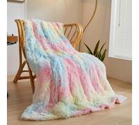 XeGe Luxury Faux Fur Blanket, Rainbow Soft Big Fluffy Throw, Shaggy Plush Tie Dye Decorative Couch Throw, Cute Furry Fuzzy Blanket for Bed Bedroom Living Room Rainbow, Twin/Double