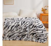 XeGe Luxury Faux Fur Blanket, Soft Zebra Print Fluffy Bed Blanket, Shaggy Plush Decorative Farmhouse Throw, Cute Furry Fuzzy Throw for Bedroom Living Room, Zebra Print Black, Twin/Double