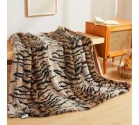XeGe Luxury Faux Fur Throw, Soft Tiger Print Fluffy Blanket, Shaggy Plush Decorative Farmhouse Couch Throw, Cute Furry Fuzzy Single Blanket for Sofa Bed Chair Office, Tiger Print Brown