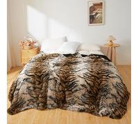 XeGe Luxury Fluffy Faux Fur Tiger Print Bed Blanket for Kids Adults Couples, Cozy Plush Fuzzy Wrap Round Big King Size Home Decorative Shaggy Furry Throw Blanket for Bedroom, Brown, 228x264cm, King