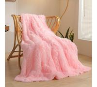 XeGe Plush Faux Fur Throw, Pink Luxurious Shaggy Furry Blanket Single, Fluffy Microfiber Velvet Couch Throw, Ultra Soft Fuzzy Warm Office Lap Blanket For Sofa Bed Car Pink