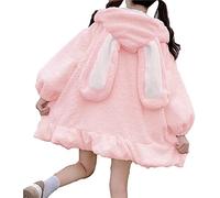 XELNOL Bunny Ear Hoodie Women Kawaii Fluffy Cute Rabbit Sweatshirt Tops Coats Plush and Thickened (2XL,Pink)