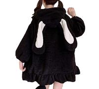 XELNOL Bunny Ear Hoodie Women Kawaii Fluffy Cute Rabbit Sweatshirt Tops Coats Plush and Thickened (Rabbit XL,Black)