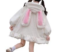 XELNOL Bunny Ear Hoodie Women Kawaii Fluffy Cute Rabbit Sweatshirt Tops Coats Plush and Thickened (S,White)
