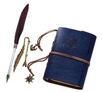 Xemz Refillable PU Leather Journal Notebook with Special Feather Ballpoint Pen and Bookmark, Unlined Paper Travel Diary Jotter, Handmade Leather Notepad, Vintage Art Sketchbook, Punk Cover (blue)