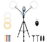 Xeneo 8'' Dual Ring Light with Tripod Stand & 2 Phone Holders for Double Brightness, LED Selfie Ring Light with Remote Shutter for Live Stream/YouTube/Video Recording/Makeup/Vlogging, up to 5.9ft Tall