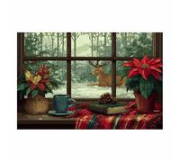 XENIOU Affordable Christmas canvas Cozy Window Deer Snows day canvas print, for Living Room Bedroom Bathroom Home Office Wall Decoration.(Multicolor)-70x100cm Unframed