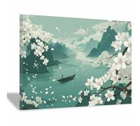 XENIOU Flower Posters White flowers and mountains and rivers Canvas wall art, for Bedroom Bathroom Living Room Home Wall Decor(green)-60x90cm Framed