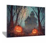 XENIOU halloween art prints Haunted House & Pumpkins Canvas Wall Art, artwork for Bedroom Living Room Bathroom Office Home Decoration(blue)-60x90cm Framed