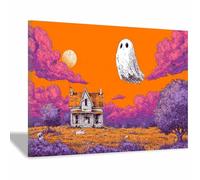 XENIOU halloween decor indoor vintage Ghosts over House, Sunset Canvas Wall Art, artwork for Bedroom Living Room Bathroom Office Home Decoration(powder)-20x30cm Framed