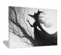 XENIOU halloween painting black Witch Casting Spell Canvas Wall Art, artwork for Bedroom Living Room Bathroom Office Home Decoration(black)-40x60cm Framed