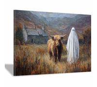 XENIOU halloween painting Ghosts, Highlands Cow & Old Cottage Canvas Wall Art, artwork for Bedroom Living Room Bathroom Office Home Decoration(white)-20x30cm Framed